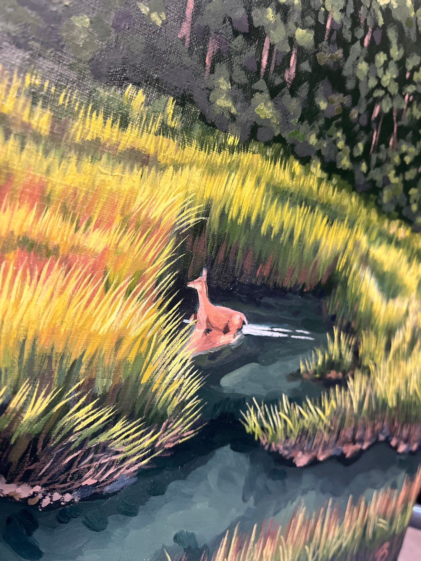 Landscape painting of a marsh at sunset with a deer wading through the water and grasses.