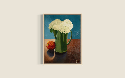 Framed artwork of a still life with hydrangea flowers in a green pitcher and a red apple on a textured brown surface.