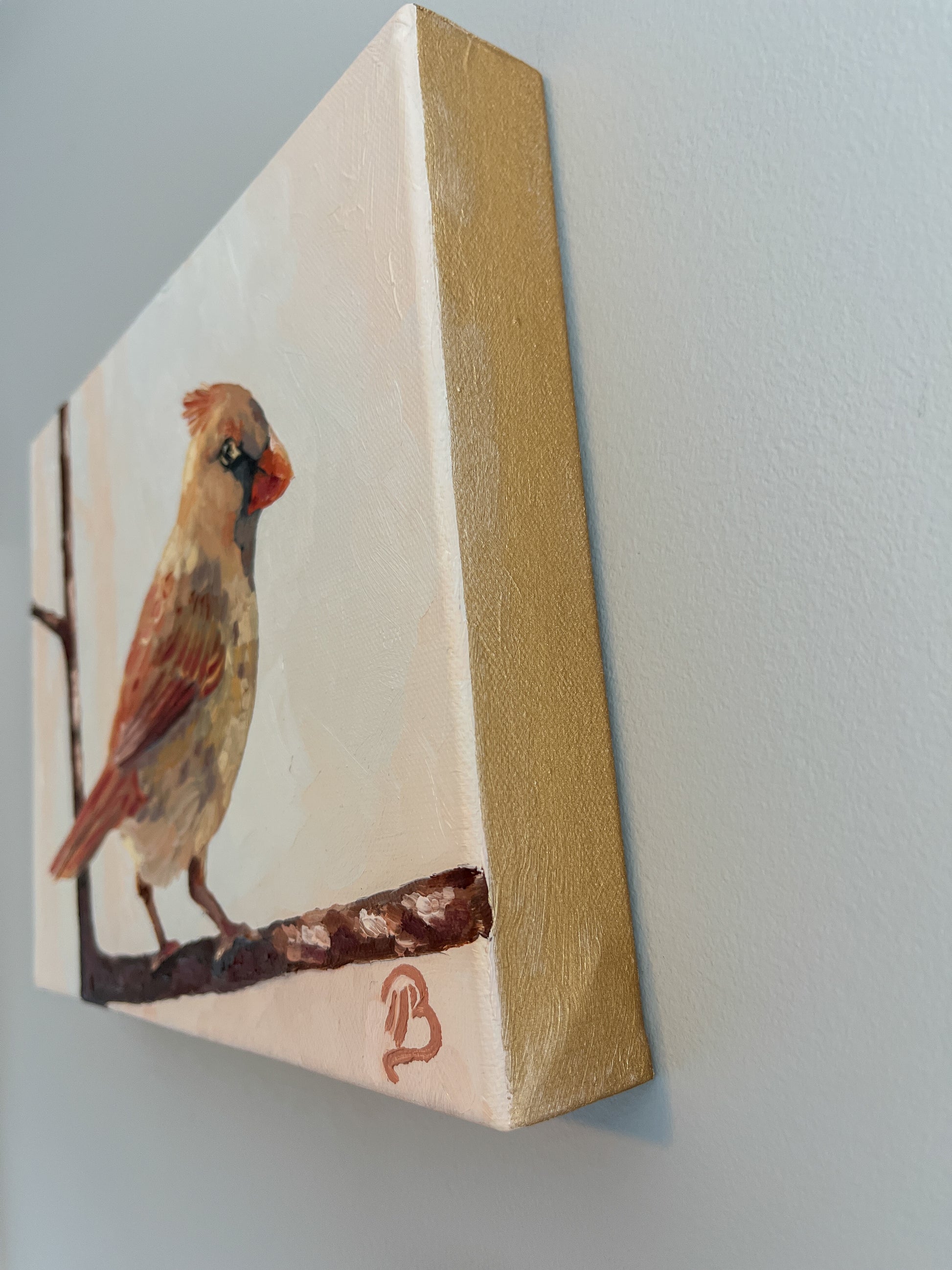 Canvas painting of a female cardinal bird on a branch against a light gray background