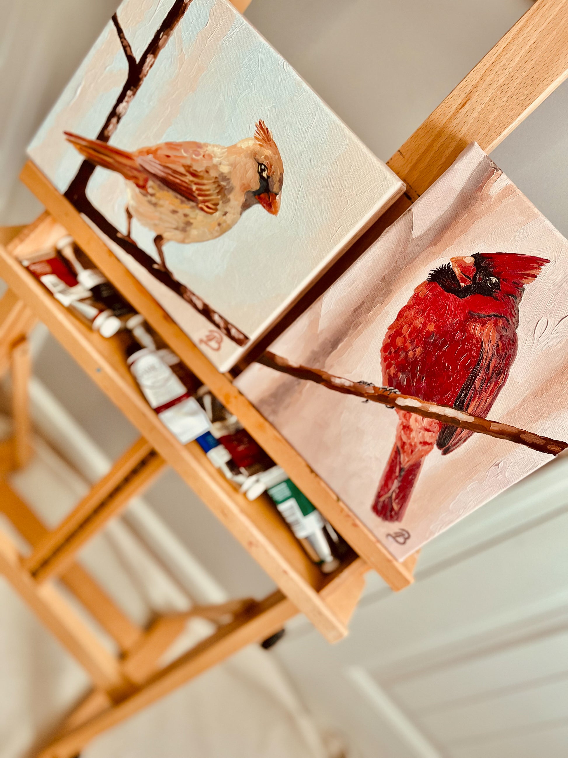 Two oil paintings of cardinals on an easel with art supplies.