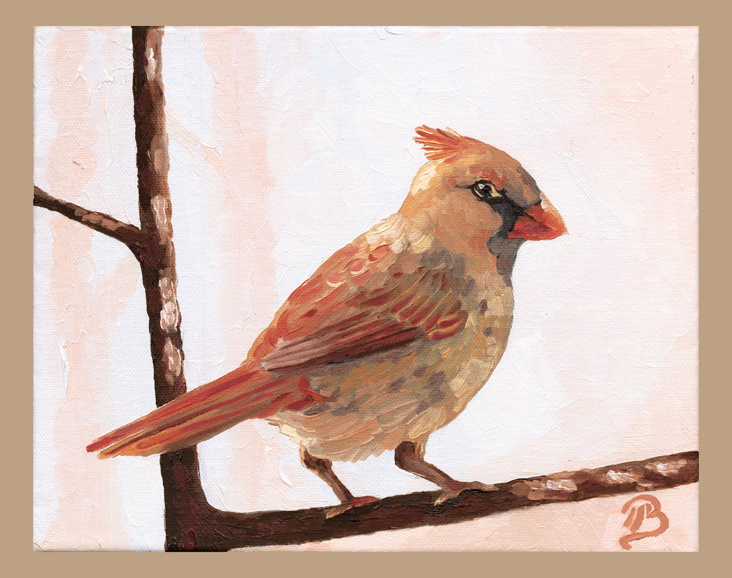 Painting of a female cardinal perched on a branch with soft pink and white background