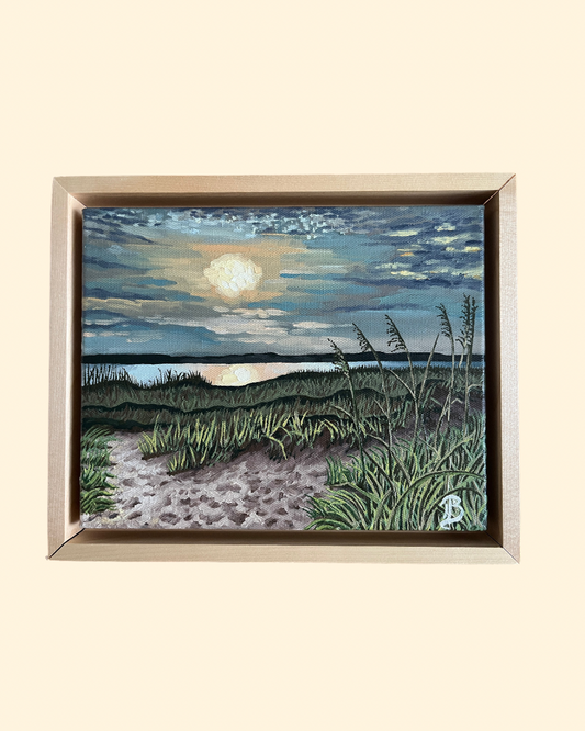 Original oil painting of the South End of Wrightsville Beach, NC, at sunset over the intercostal waterway and sand dunes with grasses.