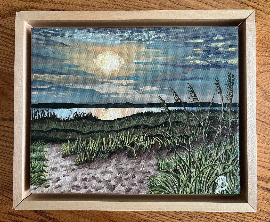 Original oil painting of the South End of Wrightsville Beach, NC, at sunset over the intercostal waterway and sand dunes with grasses.