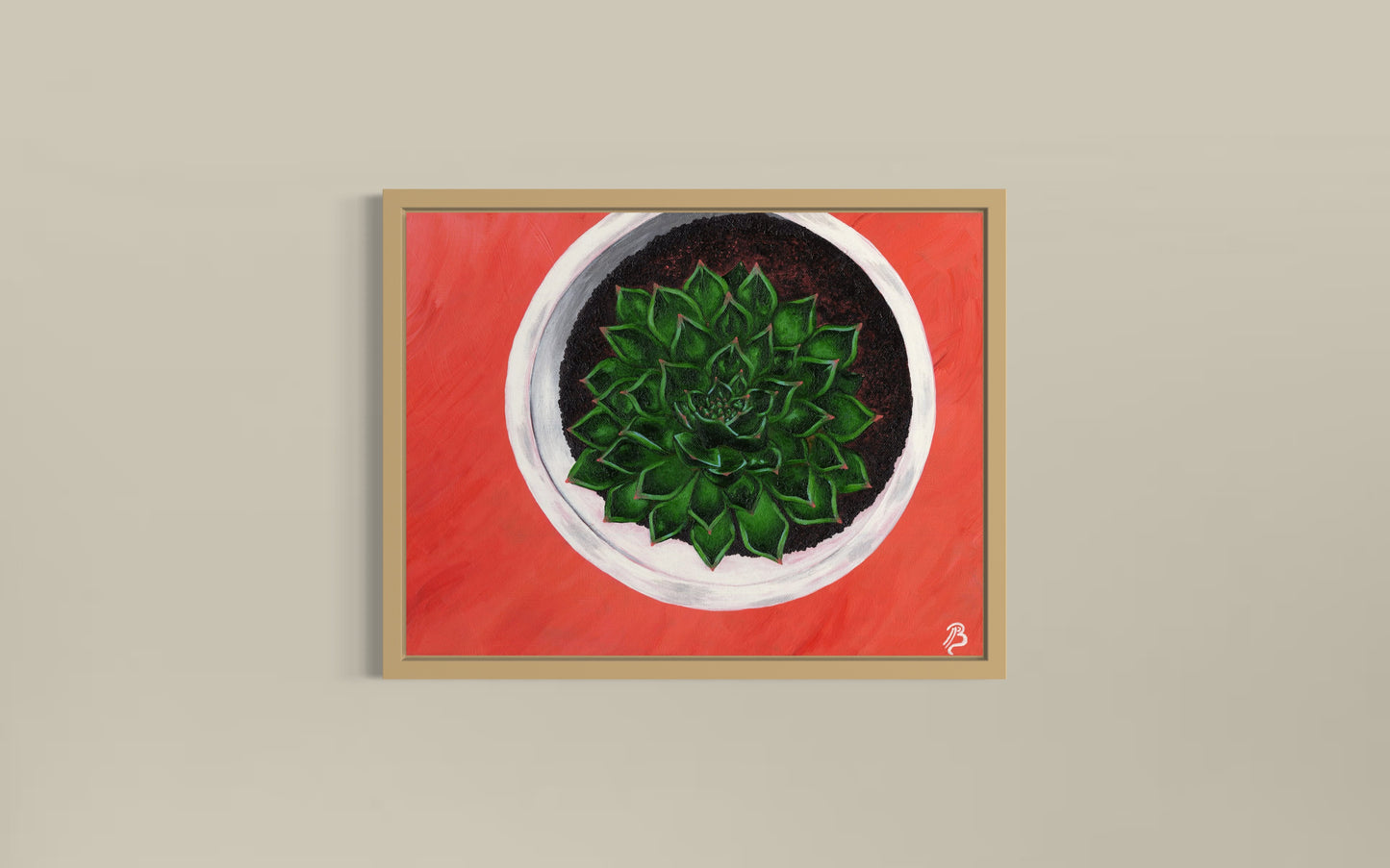 Original acrylic painting of a green succulent in a white pot with a coral pink background.