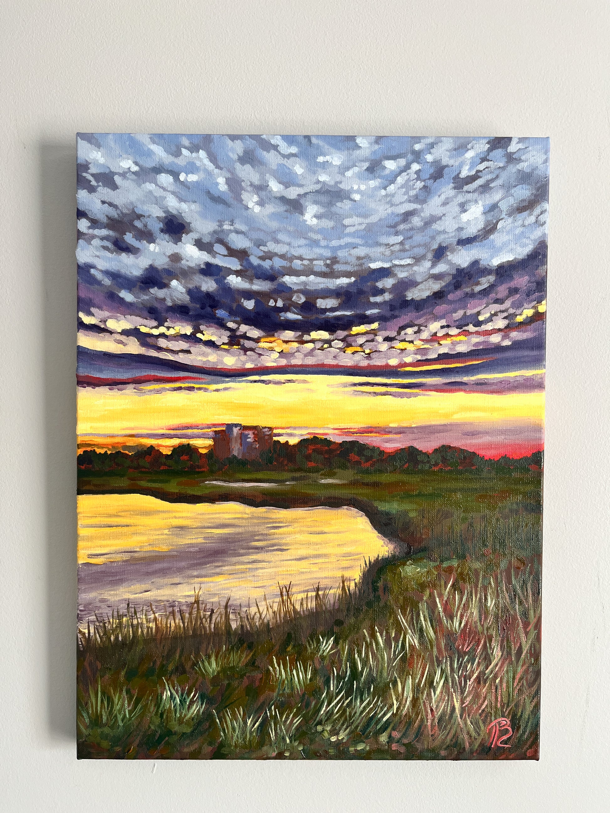 Painting of a sunset over a marsh andscape with a body of water.