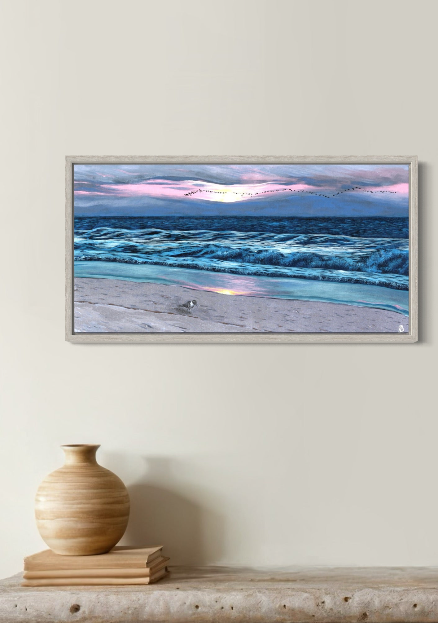 A fine art print of an acrylic on canvas painting featuring a sunrise at Wrightsville Beach with a serene beach scene.