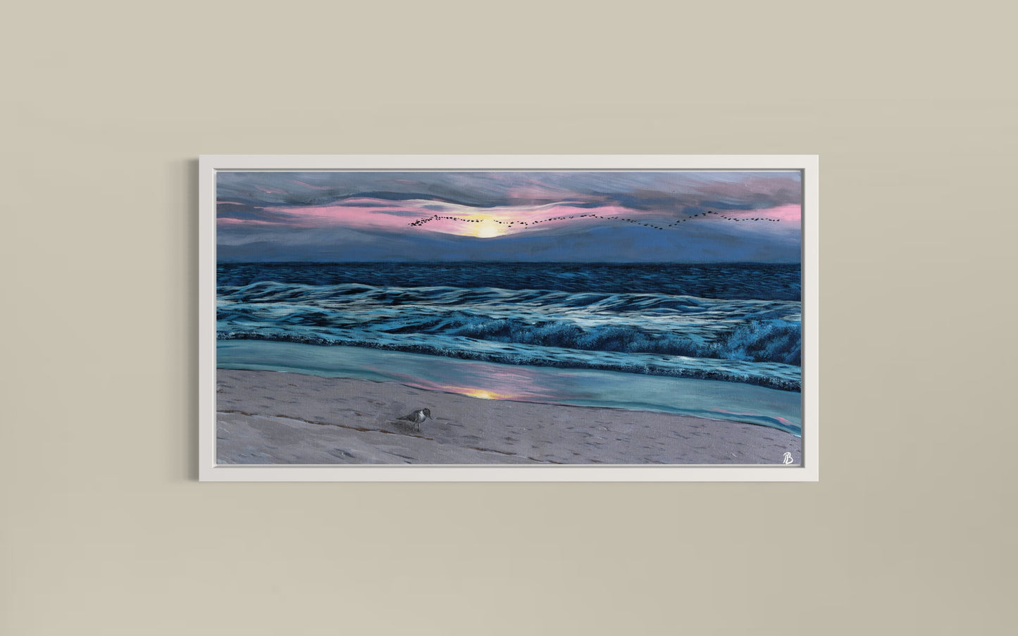 A fine art print of an acrylic on canvas painting featuring a sunrise at Wrightsville Beach with a serene beach scene.