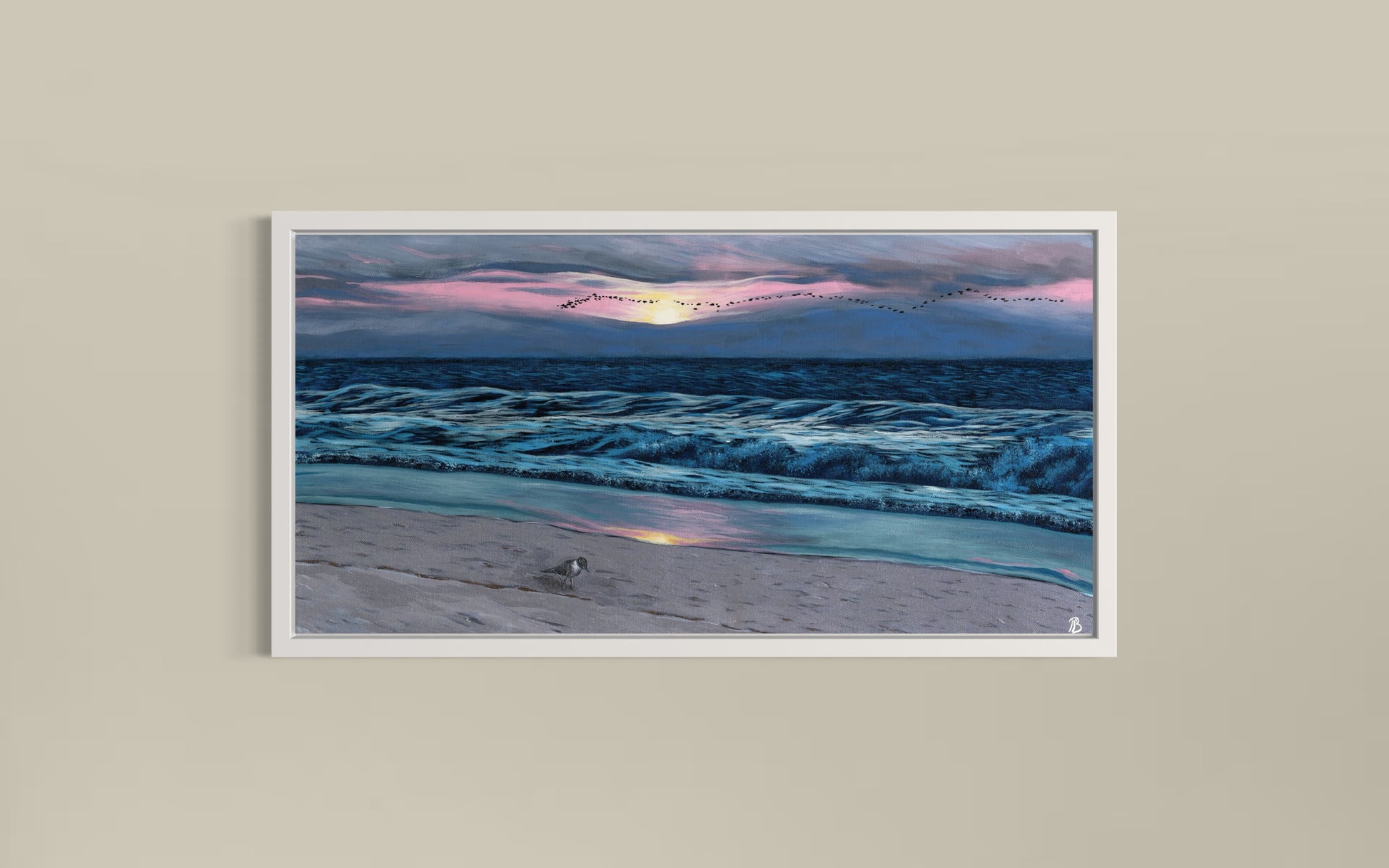 A fine art print of an acrylic on canvas painting featuring a sunrise at Wrightsville Beach with a serene beach scene.