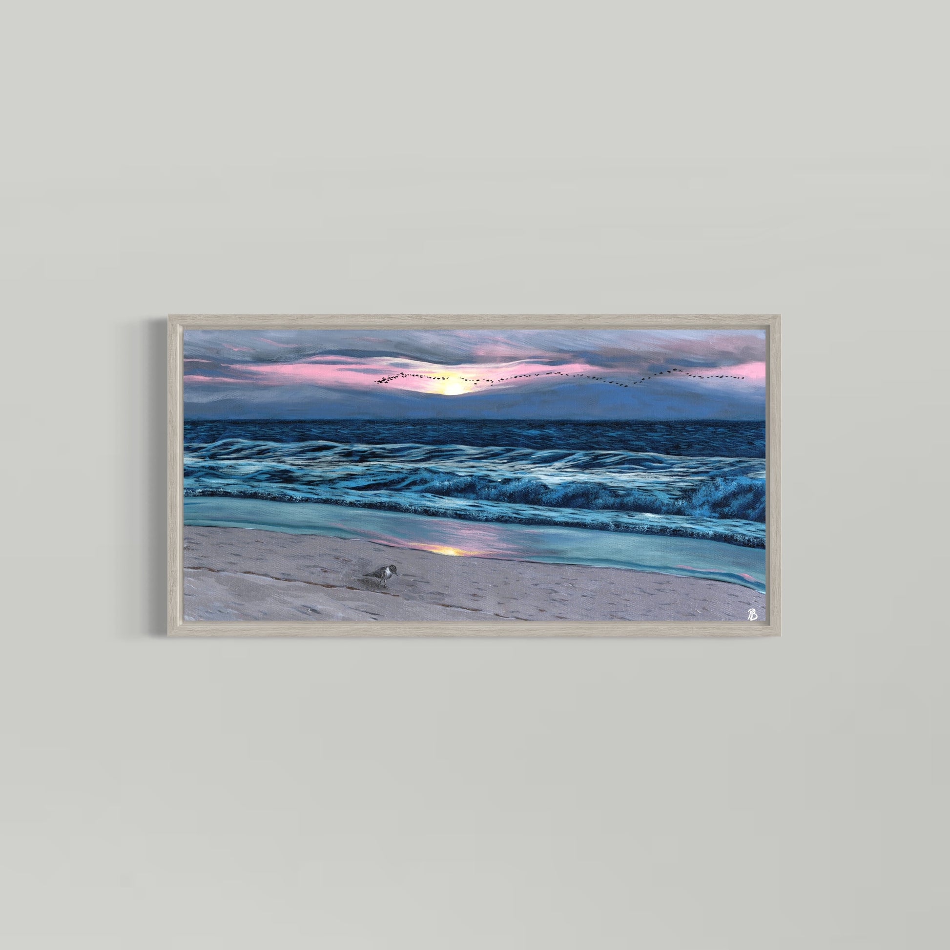 A fine art print of an acrylic on canvas painting featuring a sunrise at Wrightsville Beach with a serene beach scene.